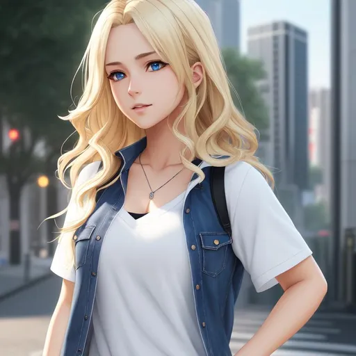 casual clothes, blonde hair, anime, wavy hair, small... | OpenArt