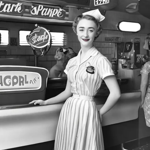 Prompt: Saoirse Ronan as a 1950s era carhop serving some customers.