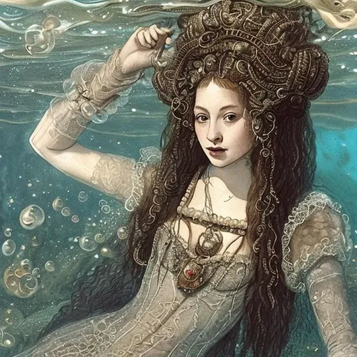Prompt: woman in 16th century dress underwater lounging.  hair, elaborate hair, fabric, lace, bubbles. French hood, jewels, queen.  deep water.