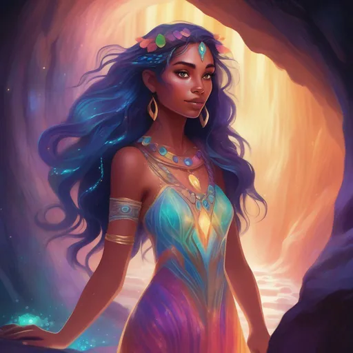 Prompt: A colourful and beautiful Persephone, in a beautiful flowing iridescent dress, with iridescent gems as her hair, with glowing tribal markings on her skin, in a cave. In a Disney painted style.