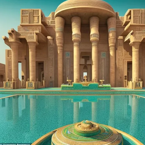 Prompt: A palace with pharaonic design mixed with modernity, it has a swimming pool and green land, and in front of it is a car inspired by the drawings and inscriptions of the ancient Egyptian civilization