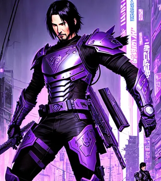 Prompt: Manga cover art. Keanu Reeves with black hair, wearing purple ninja artifact armor from FFXIV, intricate cyberpunk tribal village, realistic face, emotional lighting, character illustration by Ilya Kuvshinov, chainsaw man, fire punch 