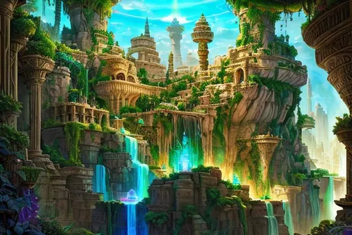 Prompt: Hanging Gardens of Babylon meets Lord of the Rings by sundown, 3000 BC, detailed fractal rainbow piezoluminescence, sharp focus, high quality digital fantasy art, trending on artstation, trending on cgsociety, soft natural volumetric lighting, soft colors, muted colors, ancient colors, photorealism