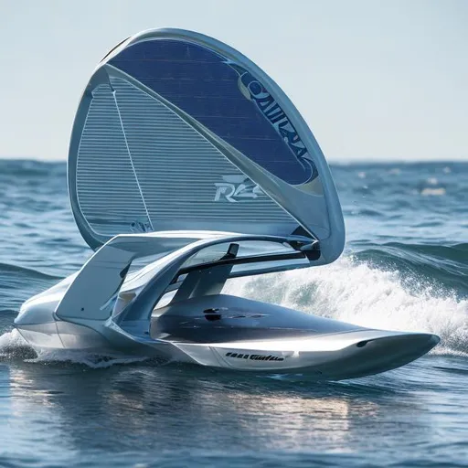 Prompt: images of an e - foil surf, powered by an engine on the foil and solar panels in the upper side of the surfing table. design inspired by porsche cars.