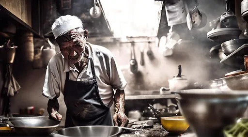 Prompt: An old man working in a kitchen of a restaurant. The kitchen is a run down and dirty. It is in Hong Kong.