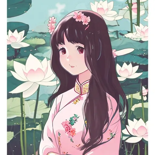 Prompt: aesthetic profile picture anime ghibli, vietnamese girl wearing ao dai traditional vietnamese outfit, rice field background, cute, lotus, wlop
