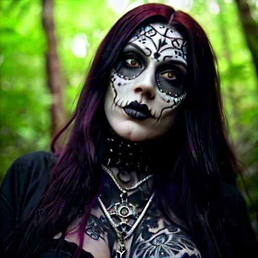 Prompt: Modern witch 35-year-old Goth Witch, with very long braided red hair, dark energy, beautifully evil, sugar skull makeup,nostril chain, nasalang, nosechain, attractive female, braids, multiple chest and neck tattoos, menacing tattoos, wearing tattered black clothing, multiple layers, Blair Witch, corpse paint, evil smile, and jewelry, white eye contacts with no pupils, creepy forest backdrop, photoreal photography, 12k resolution, depth of field, death metal aesthetic, detailed features