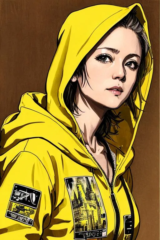 Prompt: (((Yoji Shinkawa))), sticker of ultra detailed portrait of Denise Gough, 67 years old, in yellow hooded tunic. high quality cell shaded illustration in fantasy apocalyptic style by Yoji Shinkawa, ((full body)), dynamic pose, perfect anatomy, castle setting, magician, centered, freedom, soul, grey short hair, approach to perfection, cell shading, 4k , cinematic dramatic atmosphere, watercolor painting, global illumination, detailed and intricate environment, artstation, concept art, fluid and sharp focus, volumetric lighting, cinematic lighting, Art by Yoji Shinkawa,