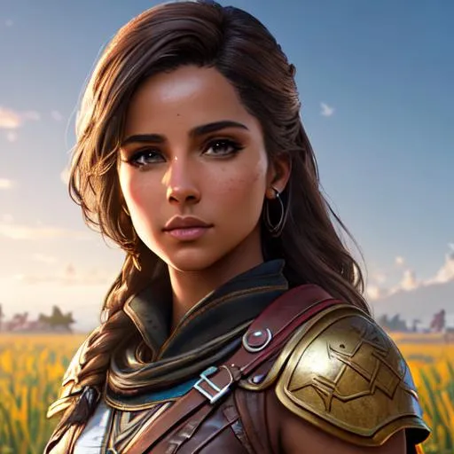 Prompt: an attractive Naomi Scott from Assassin's Creed Odyssey  toned warrior dressed in well oiled leather standing in a field with ultra realistic Brown hair and Ultra realistic eyes, realistic tan complexion , beautiful body, muscular body, fantasy character portrait, ultra realistic, concept art, intricate details, studio lighting, symmetrical, ideal human, ultra details, super detailed, 64k, detailed body, full body, looking into the camera smooth, sharp, focus; illustration, golden ratio.
