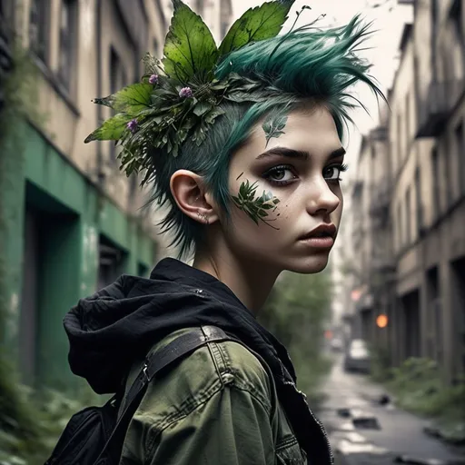 Prompt: A young beautiful urban spirit of nature, fae like female adapted to modern cities.  Caught between the wild and tamed nature.  Has adopted a punk like style mixed with wild fae.