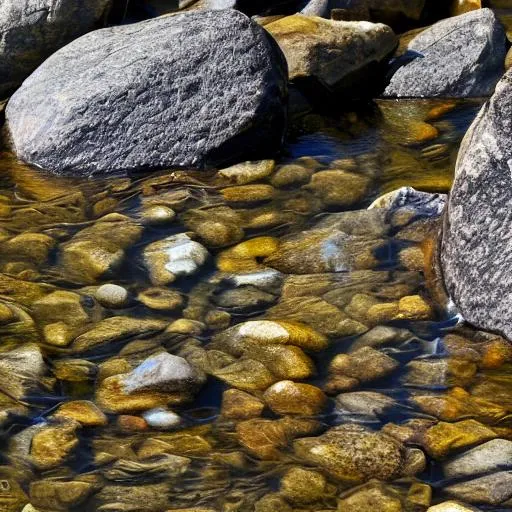 Prompt: closeup of smooth rocks in a stream under shallow calm water