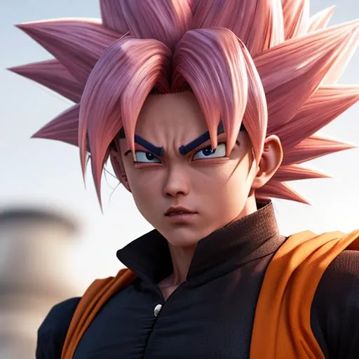 Prompt: Real life goku black, Professional, Highly Detailed, Hyperrealistic, sharp focus, Professional, UHD, HDR, 8K, Render, HD, Trending on ArtStation, close up, bokeh, outdoor, dbz, dragonball, pink hair, pink eye brows