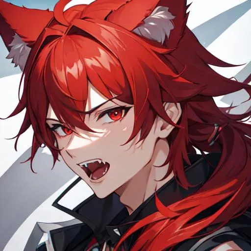 Prompt: male(Red side-swept hair covering his right eye) wolf ears, wolf tail, HD, 8K, open mouth, fangs