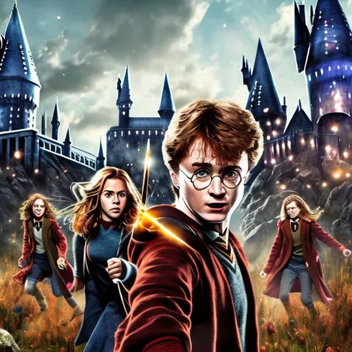 Prompt: Harry Potter, Hermione Granger, Ron Weasley, playful, magical field, high quality, fantasy, vibrant colors, detailed, whimsical, magical, friends, sunny day, joyful atmosphere, wizarding world, professional, enchanting lighting