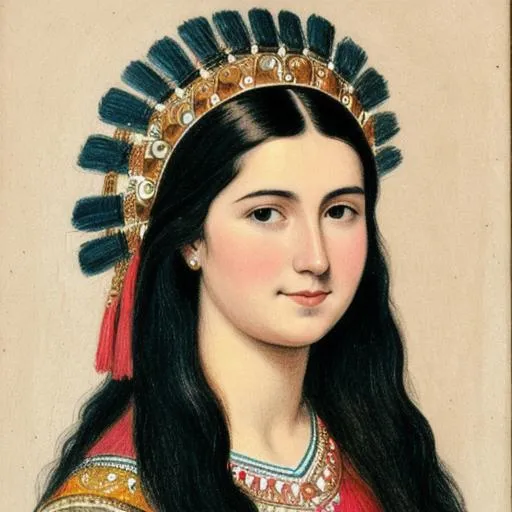 Prompt: A drawing of a young woman in a headdress