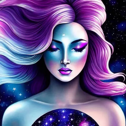 Prompt: Cosmic Epic Beautiful Nebula (Beautiful melancholy {goddess}female liquid satin}, Beautiful and Gorgeous