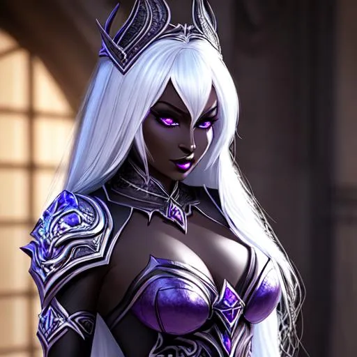Prompt: Woman dark elf, drow, stunning, gorgeous, fit, queen, evil paladin, wearing a black armor, fantasy, UHD, 8k, high quality, ultra quality, perfect composition, trending art, trending on artstation, sharp focus, studio photo, intricate details, cinematic lighting, special effects, hyper realism, hyper realistic, Very detailed, high detailed face, high detailed eyes, oil painting, full body