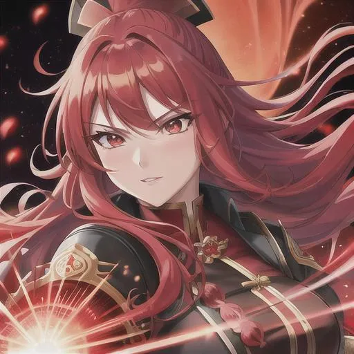 Prompt: Red-haired beautiful samurai with a katana emanating a red aura, fantasy, highly detailed red sparkling glowing eyes, intricate, wearing martial artist related clothing, highly-detailed, large landscape, mechanics, dramatic lighting, gorgeous face, lifelike, stunning, anime woman face, long luxurious  red hair, digital painting, large, artstation, illustration, concept art, smooth, sharp focus, highly detailed painting, looking at viewer, portrait, photography, detailed skin, realistic, photo-realistic, 8k, highly detailed, full length frame, High detail, full body art