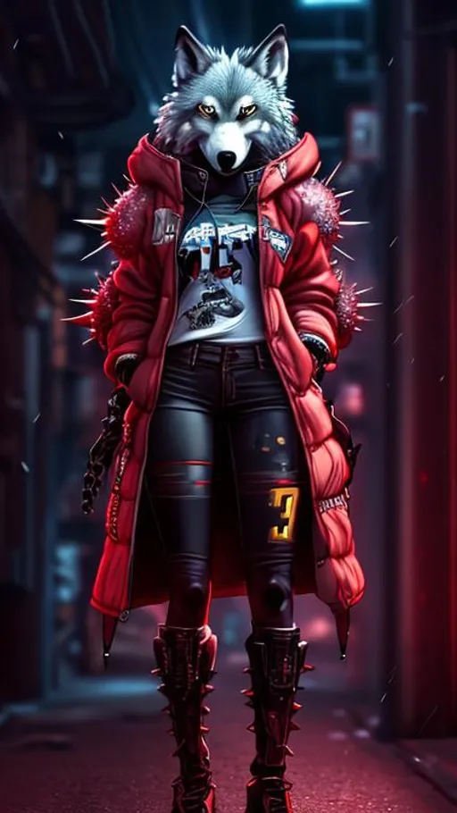 Prompt: anthropomorphic wolf furry, female,wearing a cyberpunk shirt, large red spikes peeking out on her knees and elbows, red coat on ears, anime style, 3d, cute - fine - face, key visual, realistic shaded perfect face,