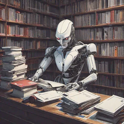 Prompt: Evil AI looking down to books and documents
