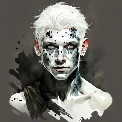 Prompt: Dungeons and dragons Changeling. White skin, white hair, white eyes human. Black spots around his eyes. With noble cloathing