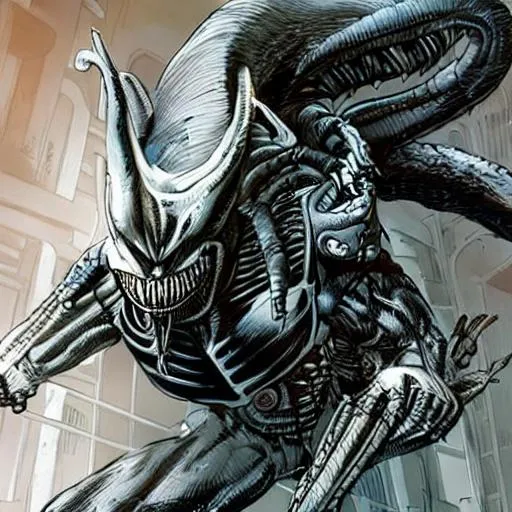 Prompt: moon knight as a xenomorph with big xenomorph tail and xenomorph parts on him 8k oil paint hyper realistic super creepy with long claws and his hood on 