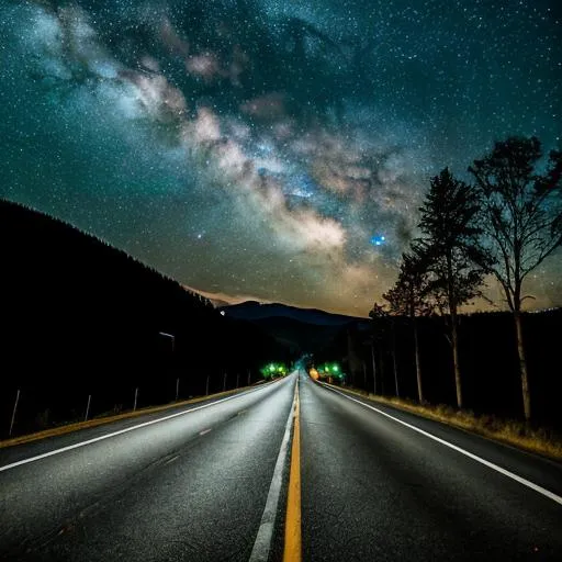 Prompt: long wide view photo highway, quiet, night, starry sky, full moon, serene atmosphere with the silhouette of the hills seen in the distance people who were sitting by the fire ultra hd