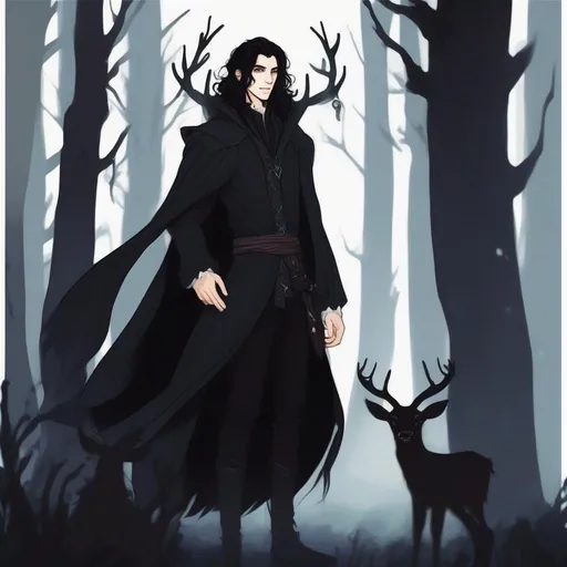 Prompt: dnd a cute male half-elf warlock with long messy black hair wearing a long black coat with black deer in the dark forest cute
