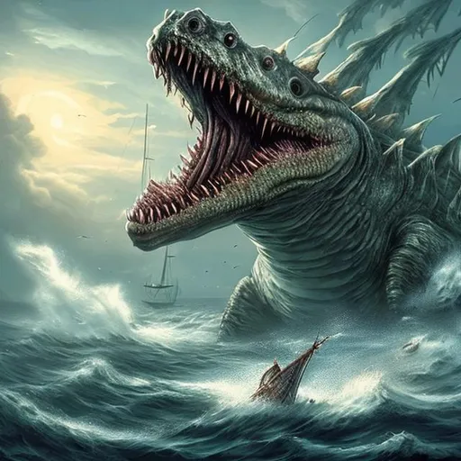 Prompt: Realistic giant sea monster attacking a ship