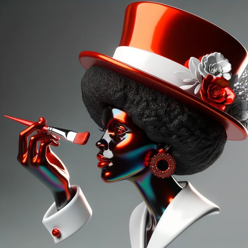 Prompt: A red and white lady painting a top hat, in the style of zbrush, with Afro-Colombian themes, shiny and glossy.