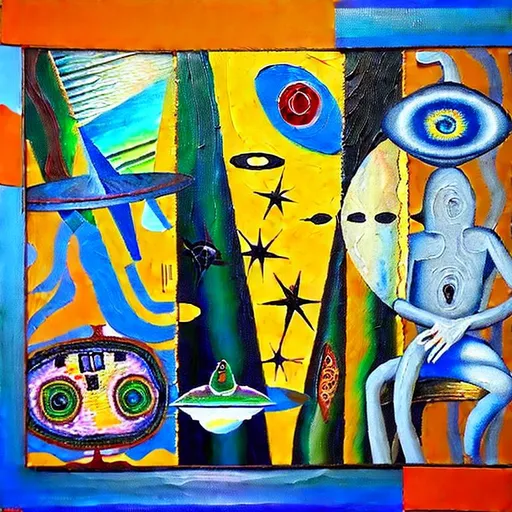Prompt: A abstract cut up painting with hidden messages and riddles placed on the image realism detailed textured painting of extraterrestrial aliens and space ships and talking trees with a Picasso style mixed with Salvador Dali style, poetry, a story told in the painting hidden objects although the painting like random 🙏 deep in the painting 