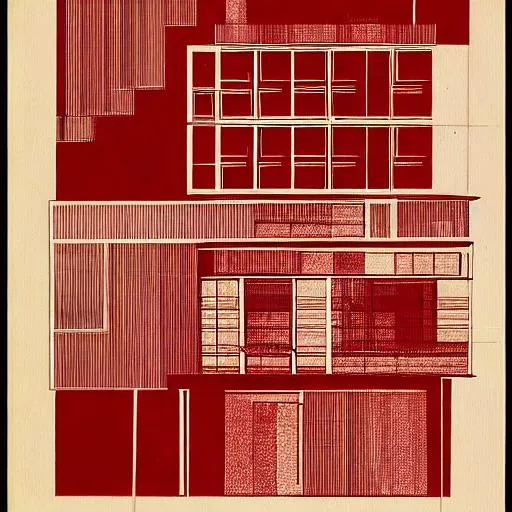 Prompt: red architectural drawing blueprint bauhaus
