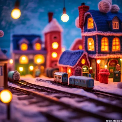 Prompt:  Train station close up in imaginary toy village made of yarn and felt with romantic lights
