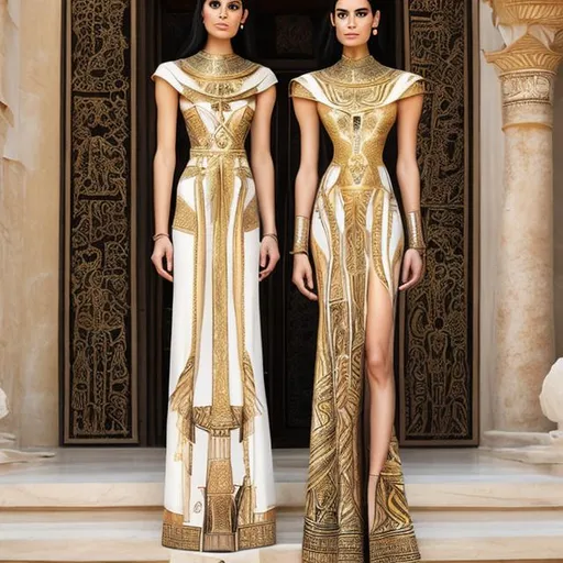 Prompt: Awhite pharaonic women's dress with golden pharaonic drawings inspired by modern elegance