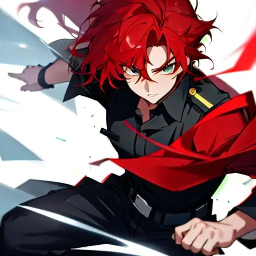 Prompt: Zerif 1male as a police officer (Red side-swept hair covering his right eye)UHD, 8K, Highly detailed, insane detail, best quality, high quality, wearing a police uniform, anime style