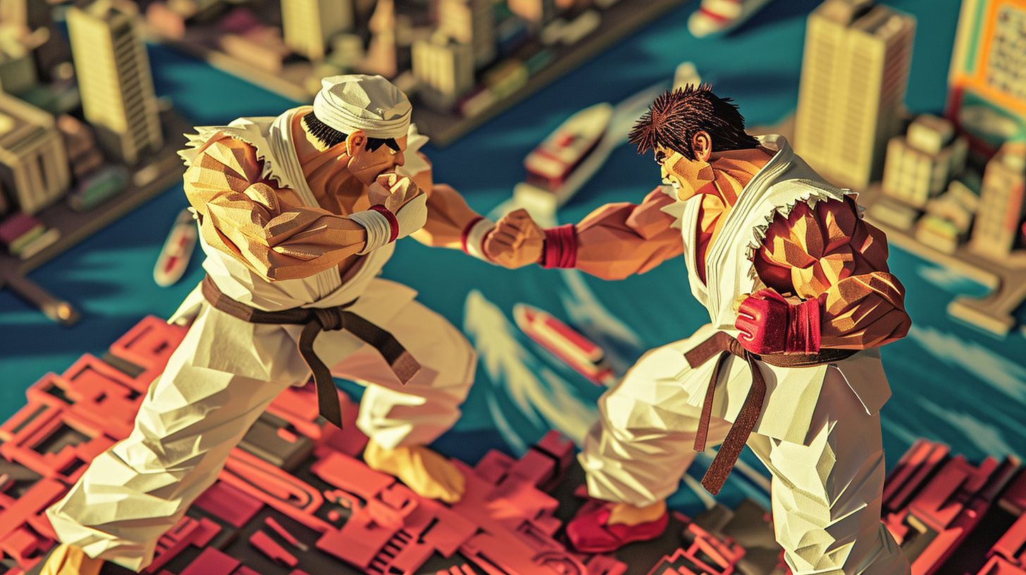 Prompt: papercut Ryu vs papercut E. Honda from streetfighter, background is a cityscape in the style of neogeo