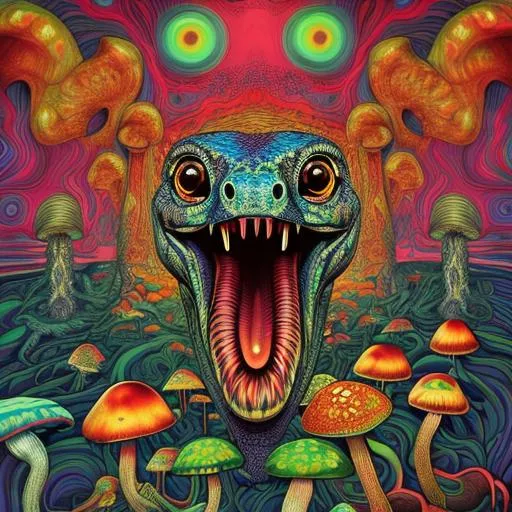 Prompt: psychedelic art of a python, open mouth, big eyes, vibrant colors, mushrooms around, centralized, dark glow