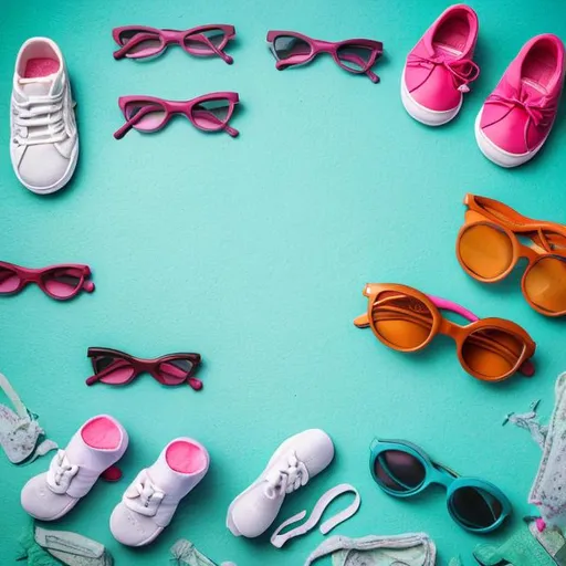 Prompt: Children's clothing background with details of children's glasses and shoes for photography