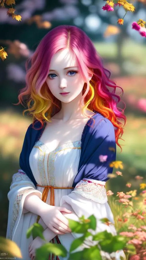 Prompt: HDR, UHD, 64k, best quality, RAW photograph, best quality, masterpiece:1.5), pale skin, unrealistically, multicolored hair, the girl blushes, random hair style, shy, anime woman, UHD, hd , 64k, , hyper realism, Very detailed, full body, hyper realism, Very detailed, female anime, slender body, in hyperrealistic detail