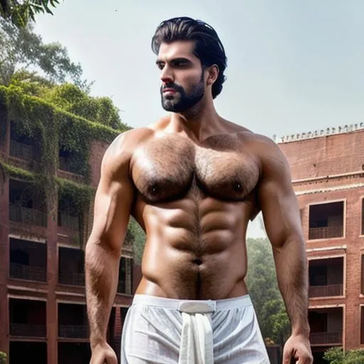 Prompt: scene of full body hyperreal tall "sensual" hunk with beautiful face, delhi huge town brick house, "very sweaty hairy pecs", "wet white dhoti bulge", shawl, "thin waist", arena, perfect composition, hyperrealistic, super detailed, 8k, high quality, trending art, trending on artstation, sharp focus, studio photo, intricate details, highly detailed, by greg rutkowski