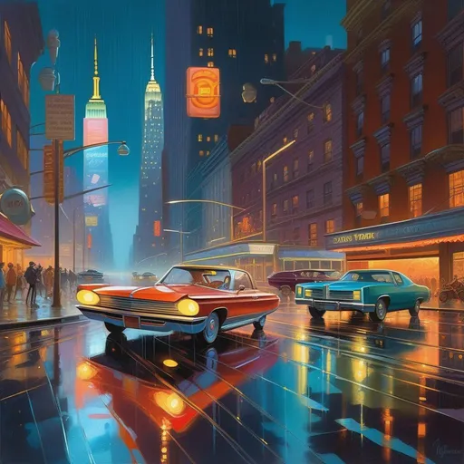 Prompt: 2050s New York at night, futuristic, car chase, rain, warm atmosphere, cartoony style, extremely detailed painting by Greg Rutkowski and by Henry Justice Ford and by Steve Henderson
