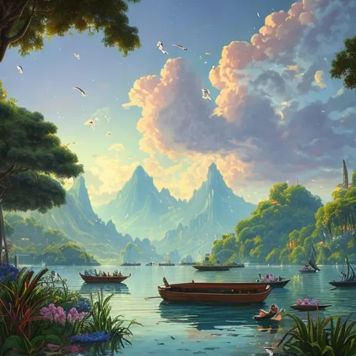 Prompt: a stunning painting of an outdoor paradise. The scene is dominated by a large body of water, surrounded by lush green trees and buildings in the background. A few boats can be seen floating on the surface of the lake, adding to its tranquil atmosphere. In the sky above, white clouds drift lazily across a bright blue backdrop. Further away from the shoreline, tall mountains rise up into the horizon with more trees dotting their slopes. Closer to land, several palm trees stand tall against this picturesque landscape - their fronds swaying gently in the breeze. This idyllic setting provides an ideal spot for swimming or simply taking in nature's beauty and serenity.