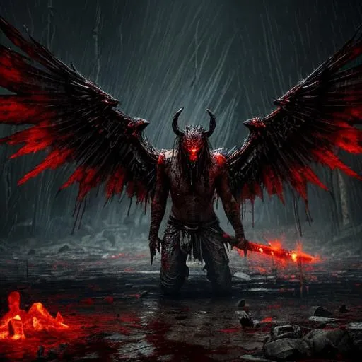 Prompt: An ancient tattered winged demon, emerging from a bloodbath holding a fiery sword, blood rain, dripping wet, black ooze, dead bodies, torn apart, on the ground, detailed scene, digital painting, glowing red eyes, smokey, foggy, hyperrealistic, fantasy, Surrealist, artstation, highly detailed, sharp focus, wide angle shot, sci-fi, stunningly beautiful, dystopian, cinematic lighting, dark fantasy, hell