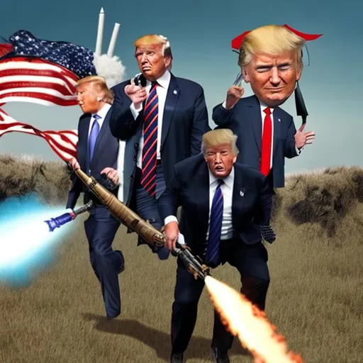 Prompt: Donald trump hunting Obama and joe Biden with a rocket launcher
