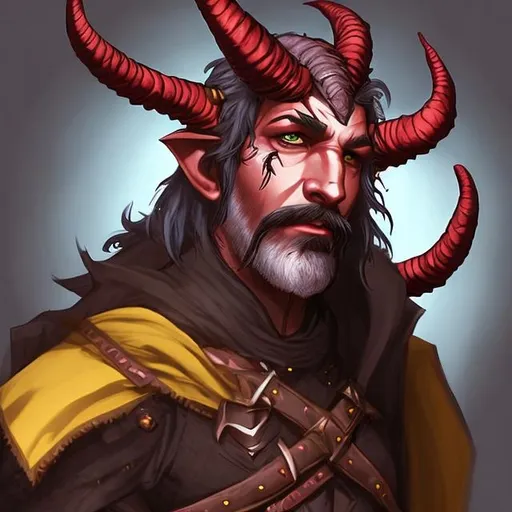 Prompt: d&d character, tiefling male, black hair,red skin, leather armor, beard and mustache,two horns,young,yellow eyes
