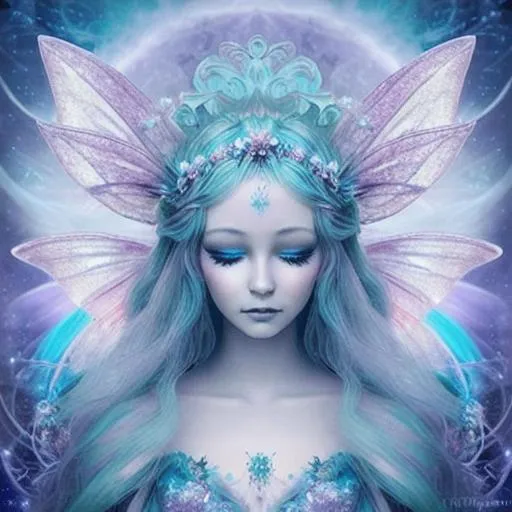 Prompt: fairy goddess, ethereal,dreamscape, cosmos, pale blue colors,closeup