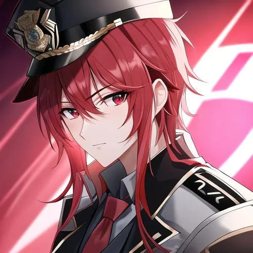 Prompt: Zerif 1male as a police officer (Red side-swept hair covering his right eye)UHD, 8K, Highly detailed, insane detail, best quality, high quality, wearing a police uniform, anime style