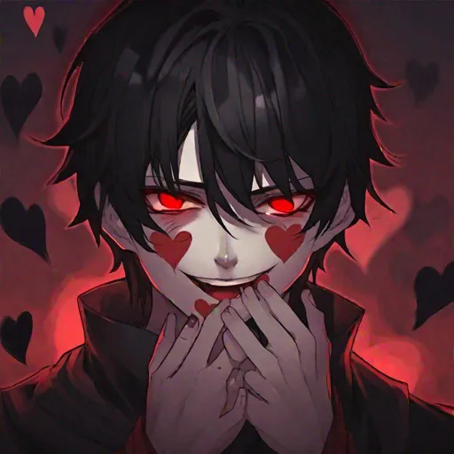 Prompt: Damien (male, short black hair, red eyes) smiling sadistically, eyes wide open, hearts around him, hand covering his mouth, unsettling
