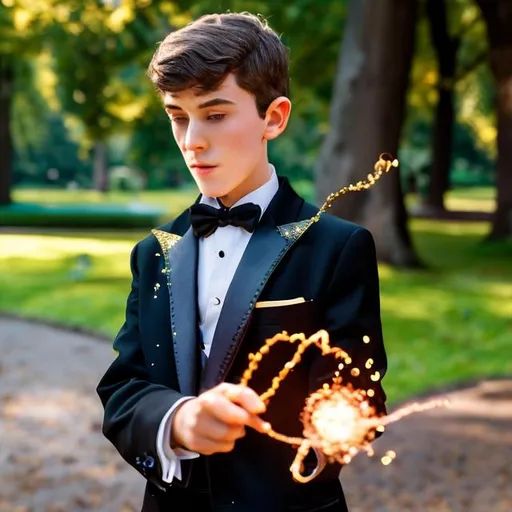 Prompt: 13 year old boy in a tuxedo casting a gold sparkling magic spell with his magic wand in the park