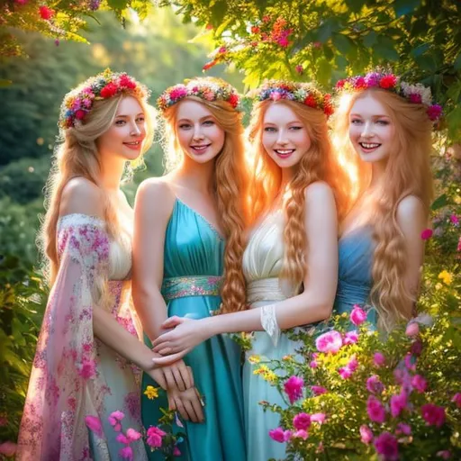 Prompt: In a picturesque garden surrounded by vibrant flowers, three exquisite ladies can be seen. Among them is a lady with long, flowing blonde hair, another with captivating long red hair, and the third adorned with stunning long blue hair. All three wear flowing dresses and radiant smiles, basking in the gentle warmth of soft sunlight filtering through the trees. The scene resembles a romantic vintage painting with its pastel colours and intricate hairstyles, evoking a sense of refined grace.

